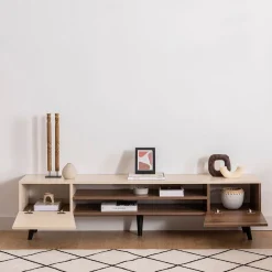 Mobile Porta tv Beige Marrone Rovere 2 Cassetti 2 Ripiani 203x40x43h cm, 2 Ante - Kakagano