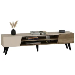 Mobile Porta tv Beige Marrone Rovere 2 Cassetti 2 Ripiani 203x40x43h cm, 2 Ante - Kakagano