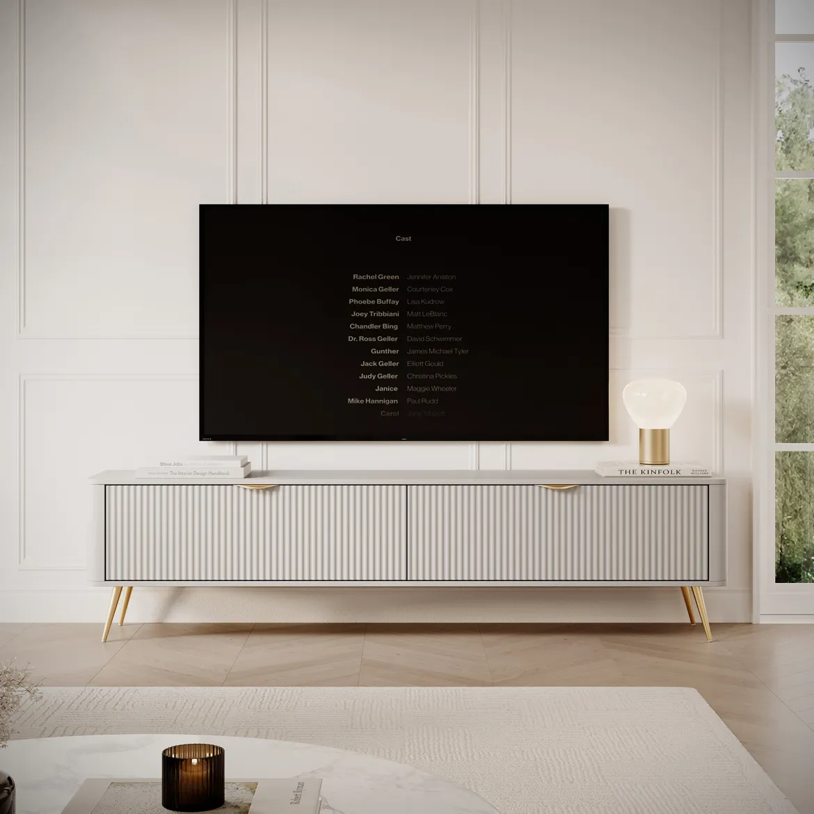 Mobile Porta tv Beige oro un Ripiano 2 Ante 200x38x51h cm, Ante Effetto Rigato con Piedini - Kala