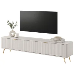 Mobile Porta tv Beige oro un Ripiano 2 Ante 200x38x51h cm, Ante Effetto Rigato con Piedini - Kala