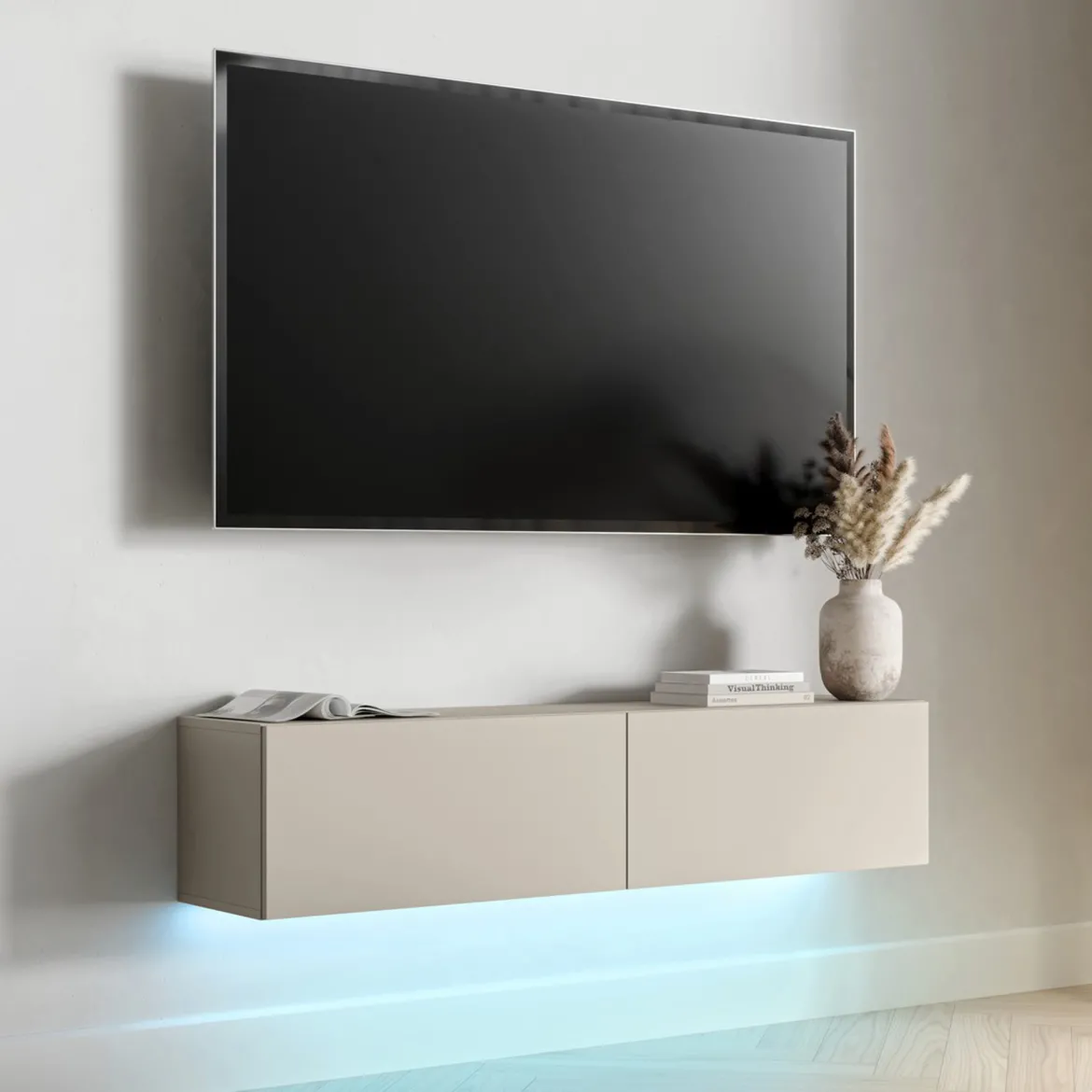Mobile Porta tv Beige un Ripiano 2 Ante 144x32x32h cm, led Incluso - Mocogno