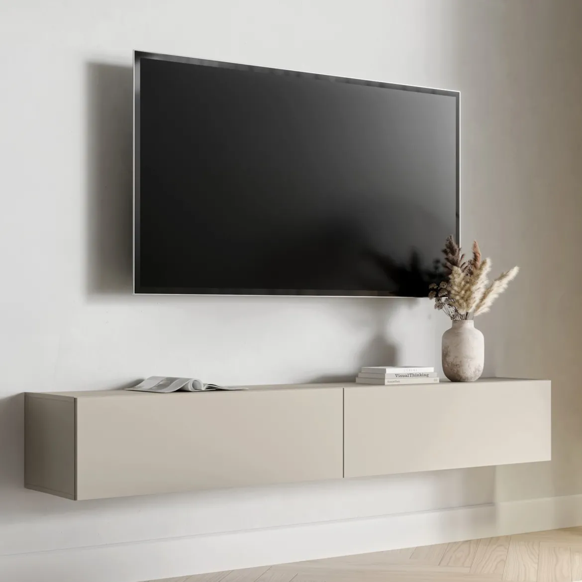 Mobile Porta tv Beige un Ripiano 2 Ante 200x42x57h cm, Caminetto Incluso - Vermezzo