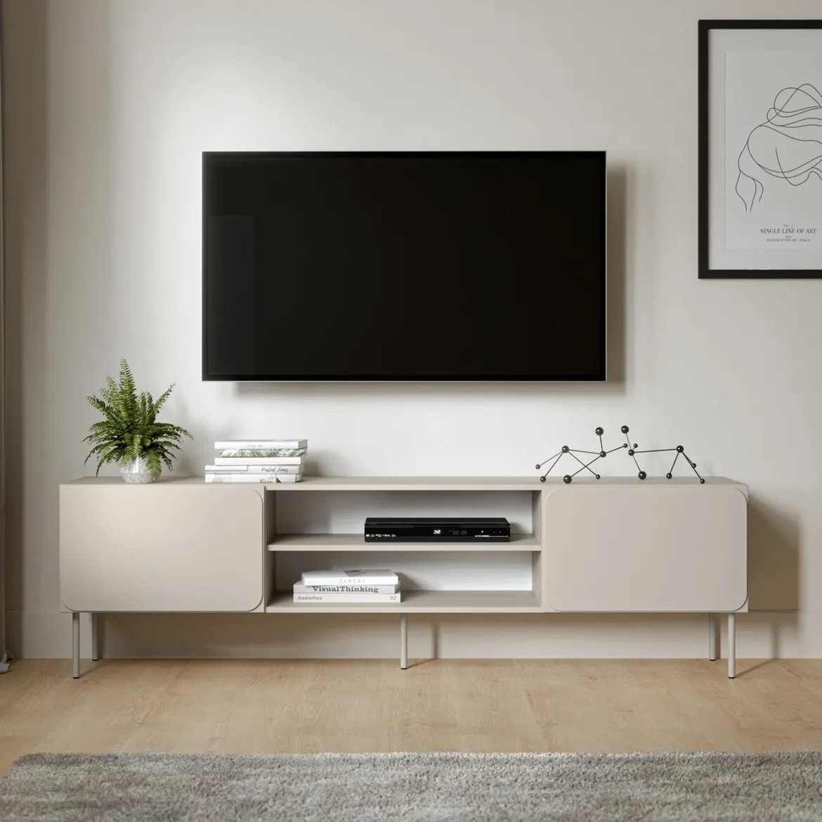 Mobile Porta tv Beige un Ripiano 2 Ante 200x42x60h cm, 4 Vani - Mornago