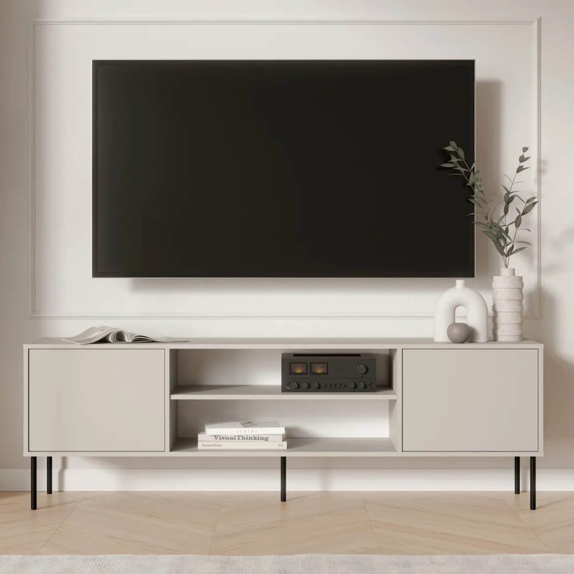 Mobile Porta tv Beige un Ripiano 2 Ante 4180x40x60h cm, con Piedini in Metallo - Rainerio