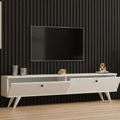 Mobile Porta tv Bianco 2 Ante 2 Vani 160x25x40h cm, Apertura a Ribalta - Atestino