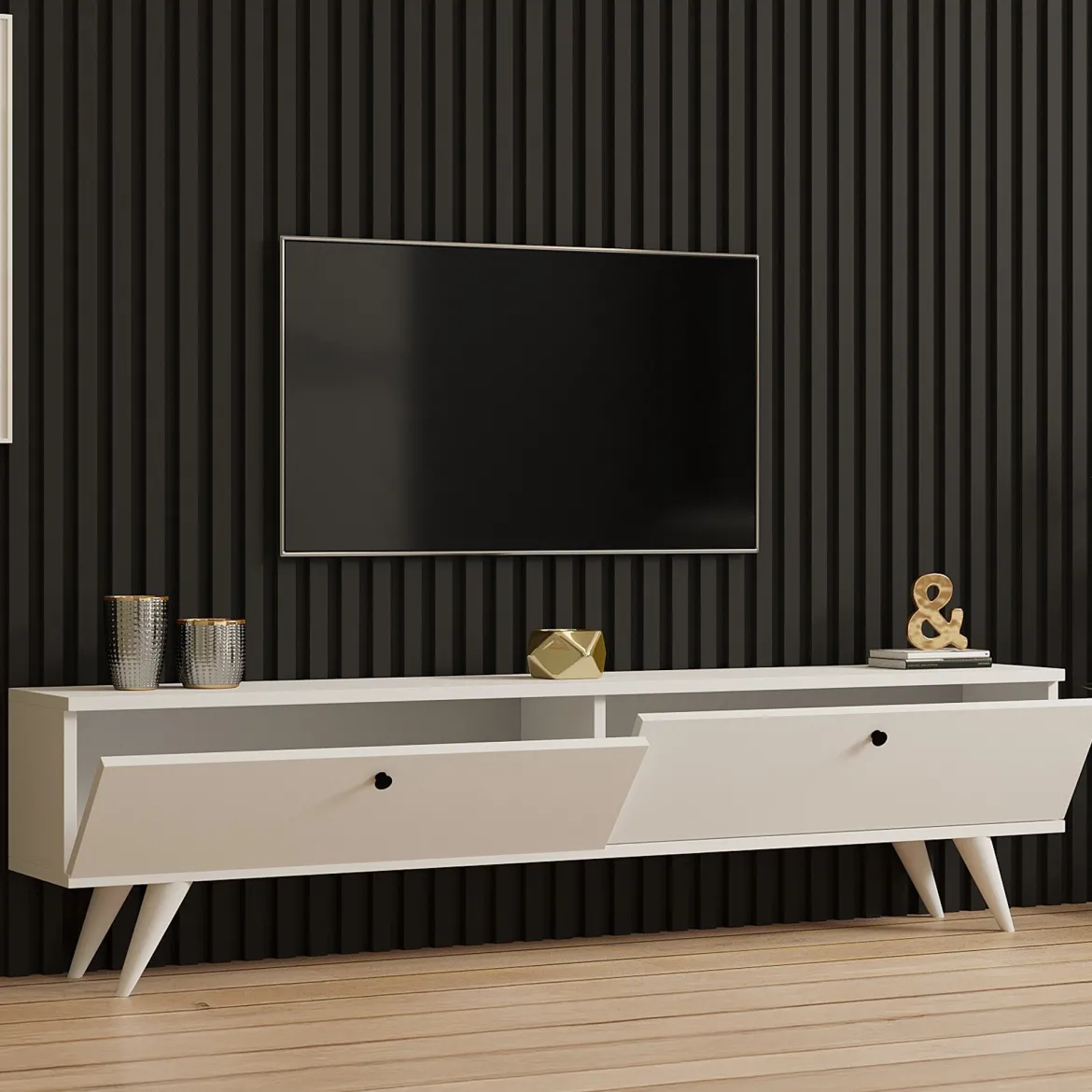 Mobile Porta tv Bianco 2 Ante 2 Vani 160x25x40h cm, Apertura a Ribalta - Atestino