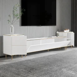 Mobile Porta tv Bianco Bianco Marmo 2 Ripiani 5 Ante 180x35x45h cm, con Finiture oro - Cortin