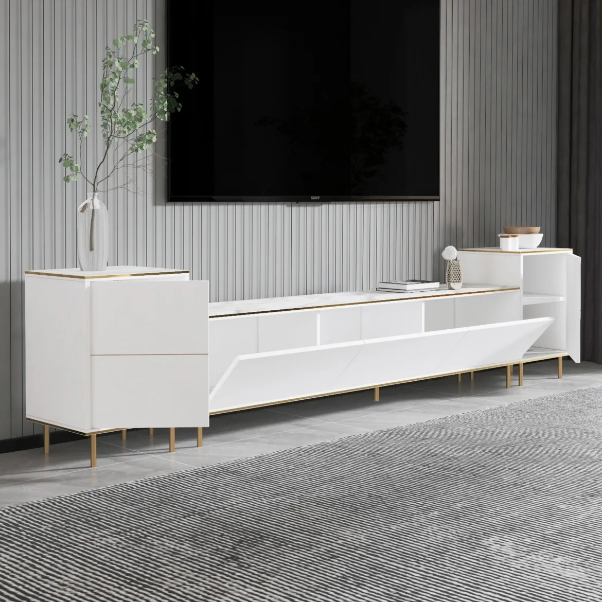 Mobile Porta tv Bianco Bianco Marmo 2 Ripiani 5 Ante 180x35x45h cm, con Finiture oro - Cortin