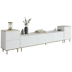 Mobile Porta tv Bianco Bianco Marmo 2 Ripiani 5 Ante 180x35x45h cm, con Finiture oro - Cortin