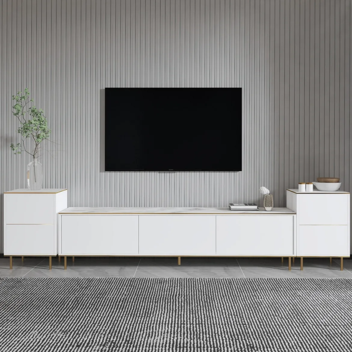 Mobile Porta tv Bianco Bianco Marmo 2 Ripiani 5 Ante 180x35x45h cm, con Finiture oro - Cortin