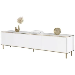 Mobile Porta tv Bianco Bianco Marmo 3 Ante con Finiture oro 180x35x45h cm, 3 Vani - Sassello