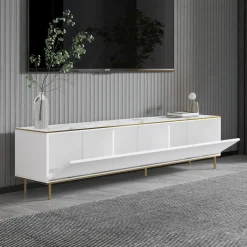 Mobile Porta tv Bianco Bianco Marmo 3 Ante con Finiture oro 180x35x45h cm, 3 Vani - Sassello