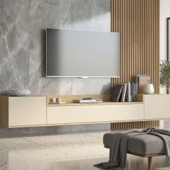 Mobile Porta tv Bianco Cashmere Marrone Rovere Chiaro 3 Ripiani 3 Ante 200x35x30h cm, 4 Vani Made in Italy - Oxanna