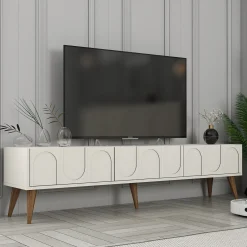 Mobile Porta tv Bianco Crema Marrone Rovere 2 Ripiani 2 Ante 180x47x35h cm, 4 Vani - Cantoira