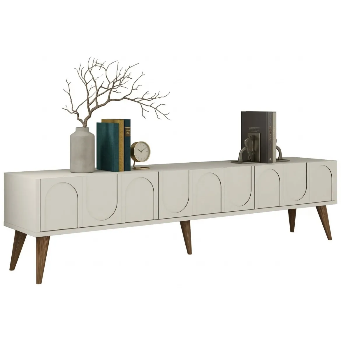 Mobile Porta tv Bianco Crema Marrone Rovere 2 Ripiani 2 Ante 180x47x35h cm, 4 Vani - Cantoira