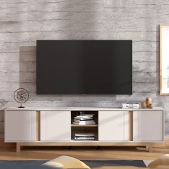 Mobile Porta tv Bianco Crema Marrone Rovere Nodi 2 Ripiani 4 Vani 162x41.5x43.5h cm, Un'anta - Pompu
