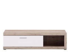 Mobile Porta tv Bianco Crema Marrone Rovere Nodi 2 Ripiani 4 Vani 162x41.5x43.5h cm, Un'anta - Pompu