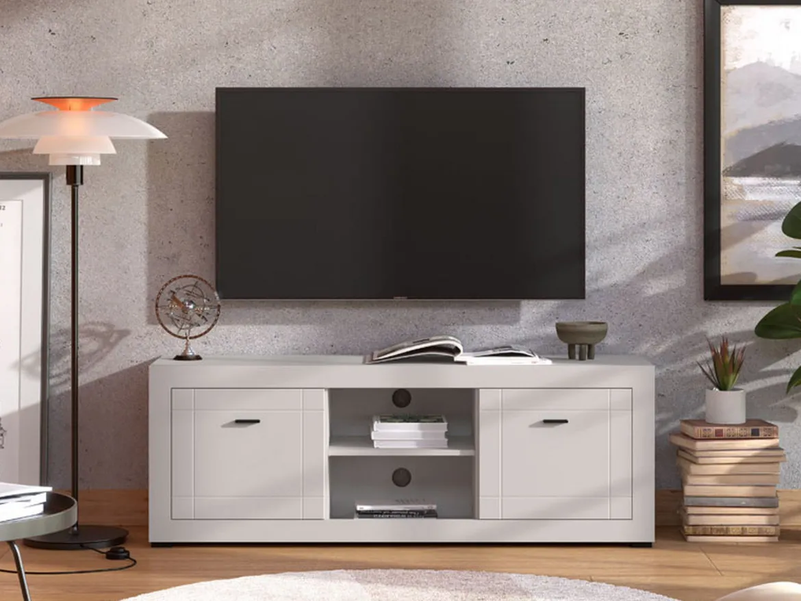 Mobile Porta tv Bianco Crema Nero un Cassetto 2 Ripiani 151x40x52h cm, 2 Ante - Corciano