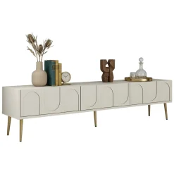 Mobile Porta tv Bianco Crema oro 3 Ante Apertura a Ribalta 180x35x43h cm, 3 Vani - Marnate