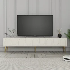 Mobile Porta tv Bianco Crema oro 3 Ante Apertura a Ribalta 180x35x43h cm, 3 Vani - Marnate