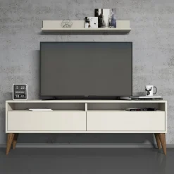 Mobile Porta tv Bianco Crema 3 Ripiani Apertura a Ribalta 150x30x50h cm, 2 Ante - Maglie