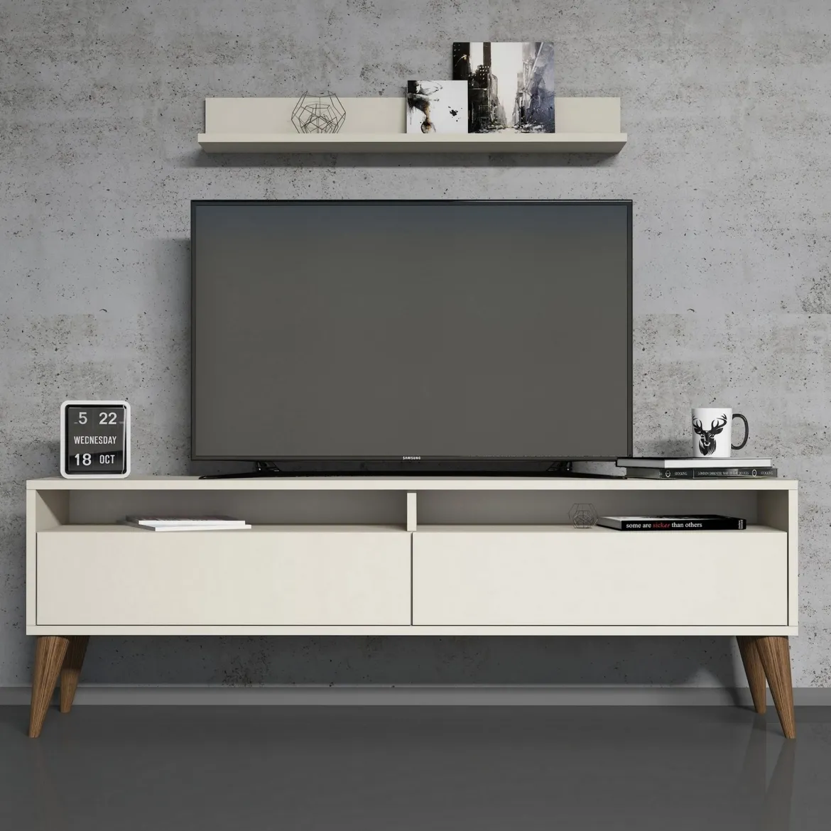 Mobile Porta tv Bianco Crema 3 Ripiani Apertura a Ribalta 150x30x50h cm, 2 Ante - Maglie