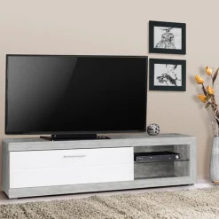 Mobile Porta tv Bianco Grigio Cemento Cassetti Ripiani 137x42x56h cm, 3 Ante - Lucino