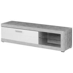 Mobile Porta tv Bianco Grigio Cemento Cassetti Ripiani 137x42x56h cm, 3 Ante - Lucino