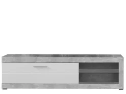 Mobile Porta tv Bianco Grigio Cemento Cassetti Ripiani 137x42x56h cm, 3 Ante - Lucino