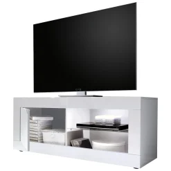 Mobile Porta tv Bianco Lucido 2 Ripiani Apertura Maniglia 140x43x56h cm, 4 Vani Made in Italy - Gambara