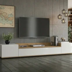 Mobile Porta tv Bianco Lucido un Ripiano 210x43x65h cm, 2 Cassetti - Sinello