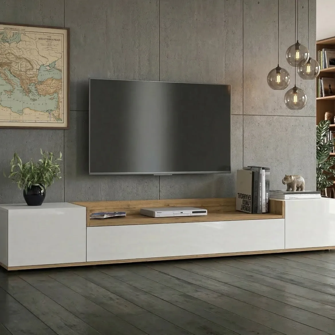 Mobile Porta tv Bianco Lucido un Ripiano 210x43x65h cm, 2 Cassetti - Sinello
