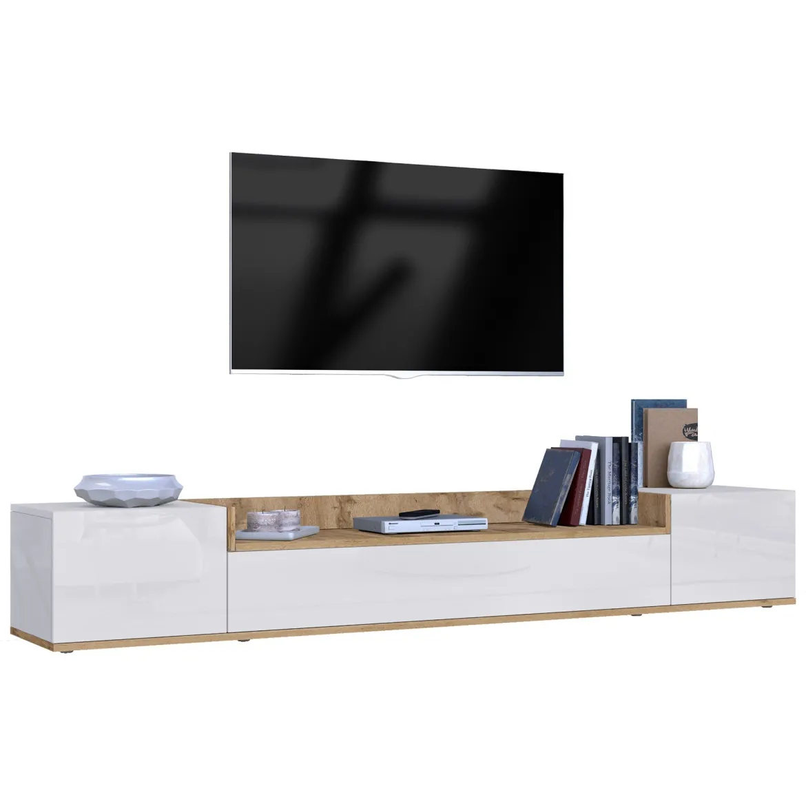 Mobile Porta tv Bianco Lucido un Ripiano 210x43x65h cm, 2 Cassetti - Sinello