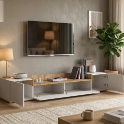 Mobile Porta tv Bianco Lucido un Ripiano 210x43x65h cm, 2 Cassetti - Sinello