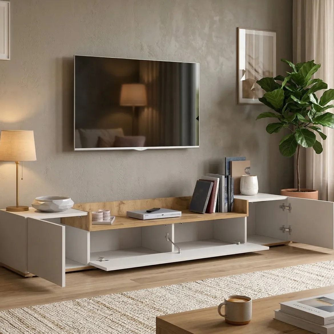 Mobile Porta tv Bianco Lucido un Ripiano 210x43x65h cm, 2 Cassetti - Sinello