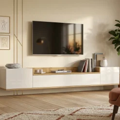 Mobile Porta tv Bianco Lucido Marrone Rovere 3 Ripiani 3 Ante 200x35x30h cm, 4 Vani Made in Italy - Oxanna