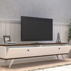 Mobile Porta tv Bianco Marrone Noce 2 Ante 2 Vani 160x25x35h cm, Apertura a Ribalta - Olmedo