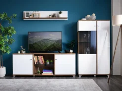 Mobile Porta tv Bianco Marrone Noce Un'anta 2 Vani 120x25x37h cm, Apertura a Ribalta - Taurasi