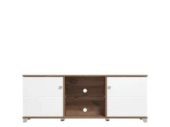 Mobile Porta tv Bianco Marrone Noce 4 Ripiani 2 Ante 157x40x59.5h cm, Ripiano in Vetro - Cedegolo
