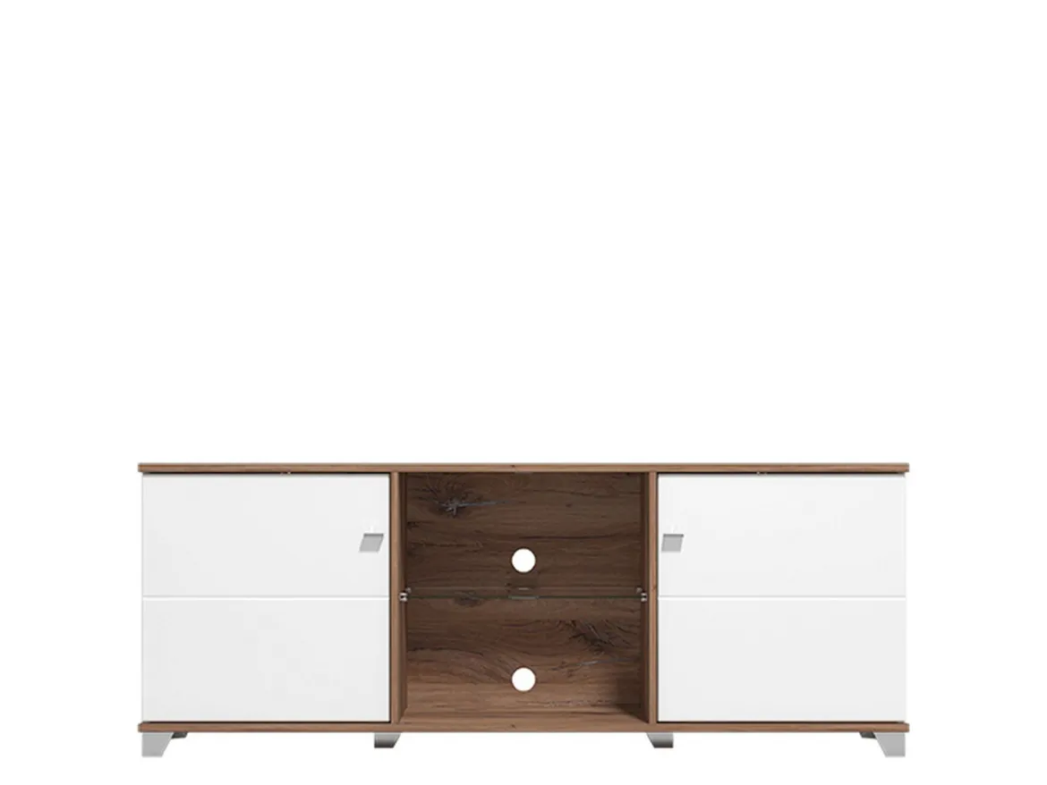 Mobile Porta tv Bianco Marrone Noce 4 Ripiani 2 Ante 157x40x59.5h cm, Ripiano in Vetro - Cedegolo
