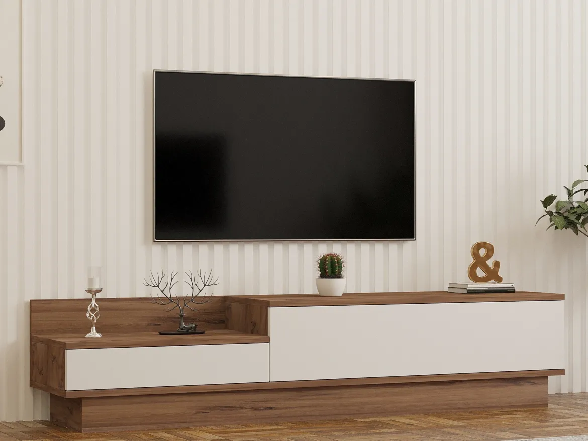 Mobile Porta tv Bianco Marrone Rovere 2 Ante 2 Vani 160x35x35h cm, Apertura a Ribalta - Persico