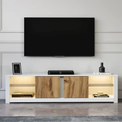 Mobile Porta tv Bianco Marrone Rovere 2 Ripiani 6 Vani 180x35x45h cm, 2 Ante - Vogogna