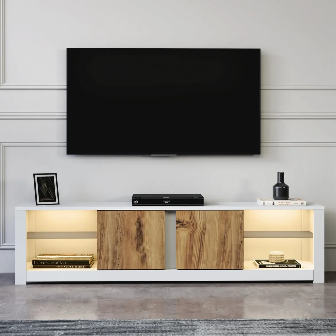 Mobile Porta tv Bianco Marrone Rovere 2 Ripiani 6 Vani 180x35x45h cm, 2 Ante - Vogogna