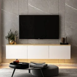 Mobile Porta tv Bianco Marrone Rovere 3 Ante Luci led Incluse 160x32x35h cm, 3 Vani - Marazzi