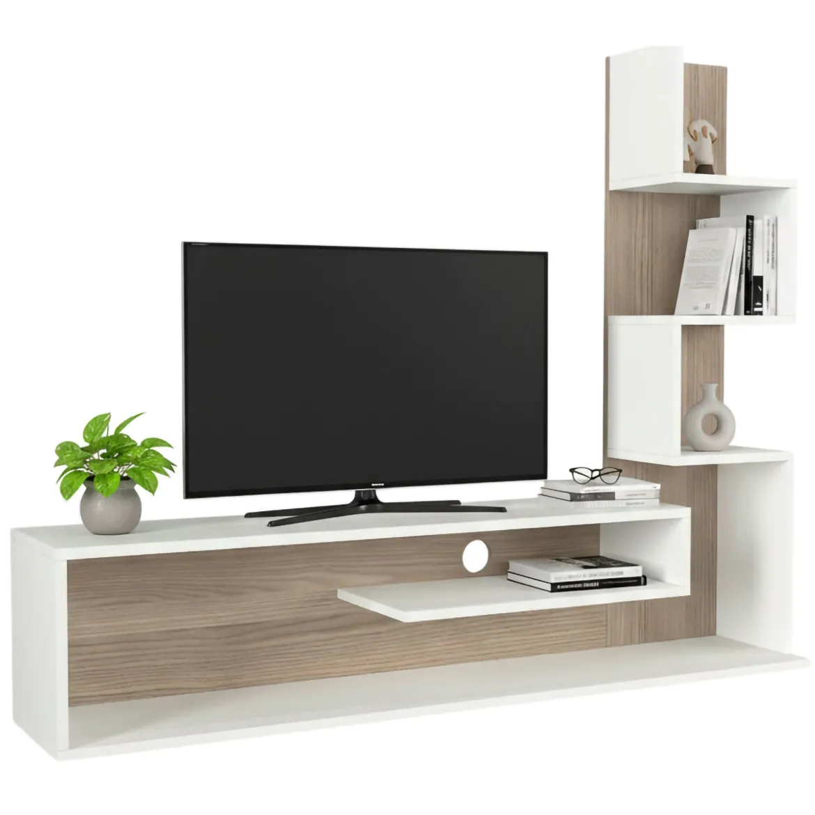 Mobile Porta tv Bianco Marrone Rovere 5 Ripiani Cassetti 29.5x22x120.8h cm, 4 Vani - Armeno