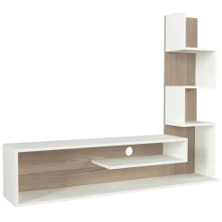 Mobile Porta tv Bianco Marrone Rovere 5 Ripiani Cassetti 29.5x22x120.8h cm, 4 Vani - Armeno