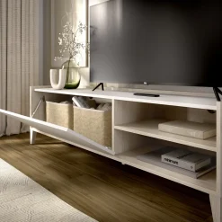 Mobile Porta tv Bianco Marrone Rovere Nodi 2 Cassetti 4 Ripiani 161x41x66.5h cm, 2 Ante - Rotondi