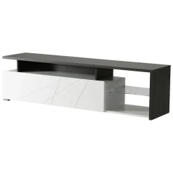 Mobile Porta tv Bianco Nero Antracite 6 Ripiani Un'anta 170x41.5x46.5h cm, Dettaglio Geometrico, Ripiano in Vetro - Induno