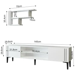 Mobile Porta tv Bianco Nero 3 Ripiani 2 Ante 140x30x45h cm, con Mensola Inclusa - Tusa