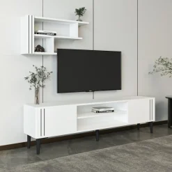 Mobile Porta tv Bianco Nero 3 Ripiani 2 Ante 140x30x45h cm, con Mensola Inclusa - Tusa